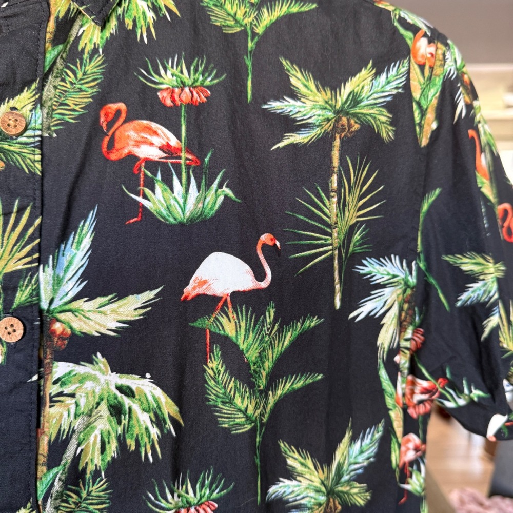 Denim & Flower Flamingo Palm Tree Tropical Button Down Shirt Black XL Slim Fit - Picture 2 of 11